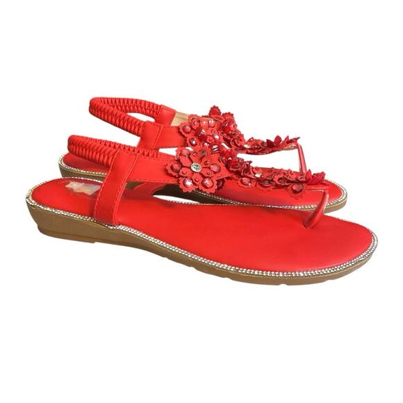 Atalina Red Beaded Thong Sandal Floral Rhinestone Women Shoe Sz 8W Elastic Strap - Picture 1 of 9